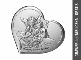 Aniołki nad dzieckiem w sercu z podpisem - srebrny obrazek 6451