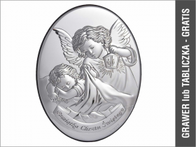Aniołek z latarenką nad dzieckiem z napisem - owalny srebrny obrazek 6353