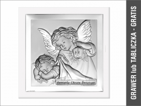 Aniołek z latarenką z podpisem - srebrny obrazek kwadratowy na białym drewnie 6430W