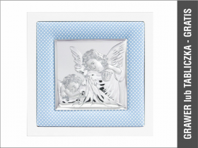 Aniołek z latarenką nad dzieckiem - srebrny obrazek na niebieskim materiale na białym drewnie 75020