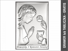 Pamiątka I Komunii Św. z dziewczynką przyjmującą Komunię - srebrny obrazek 6491