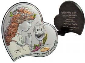 Pamiątka I Komunii Św. dla dziewczynki - kolorowy srebrny obrazek w sercu DS03/CA z grawerem