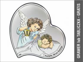 Aniołek z latarenką nad dzieckiem w sercu z podpisem - srebrny obrazek kolorowy DS17/C